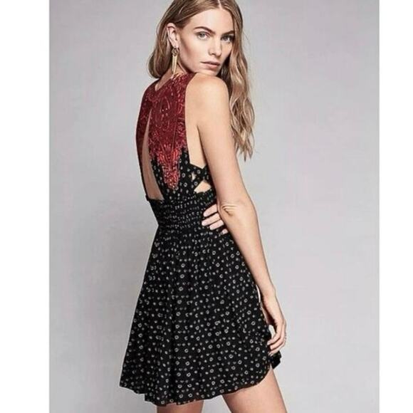 Free People XS Walking Through Dreams Red Black V neck Fit Flare Mini Dress - Picture 5 of 12